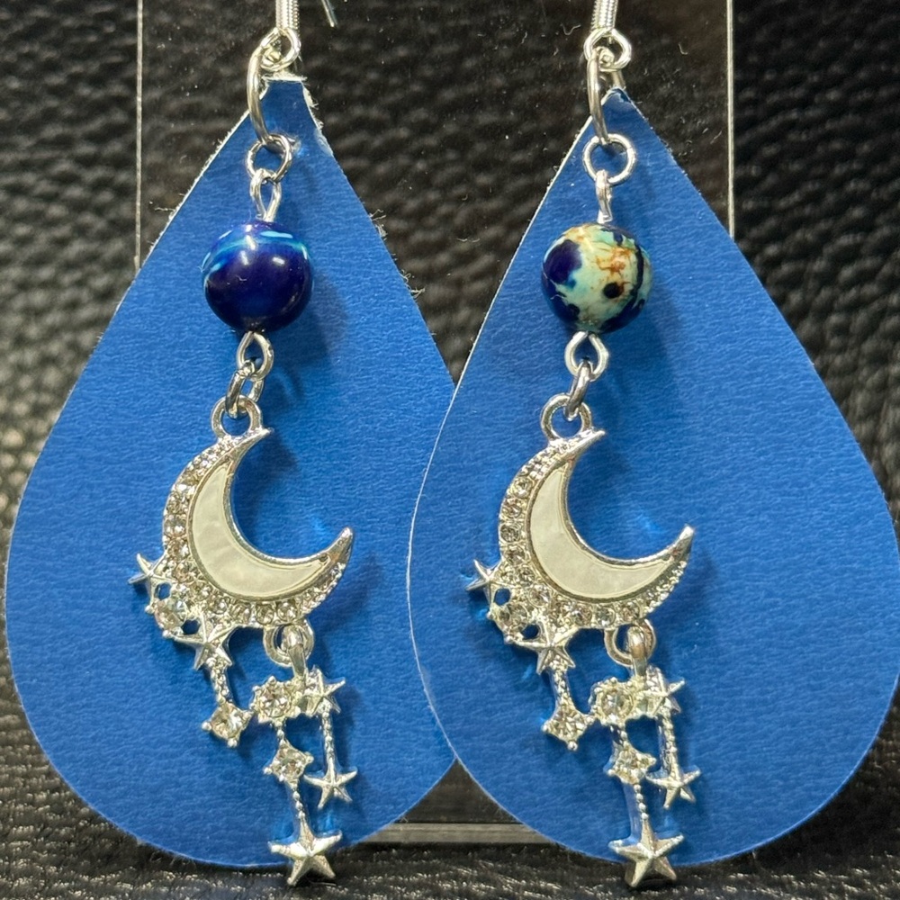 Silver Crescent Moon Earrings with Blue Frosted Faux Leather